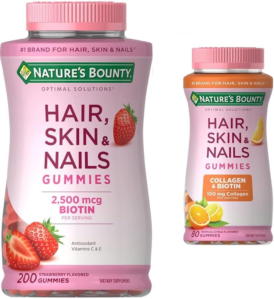 Natures Bounty Optimal Solutions Hair, Skin And Nails Gummies With Biotin, 25000 Mcg, Strawberry Flavored, 200 Count  Optimal Solutions Hair, Skin  Nails With Biotin And Collagen