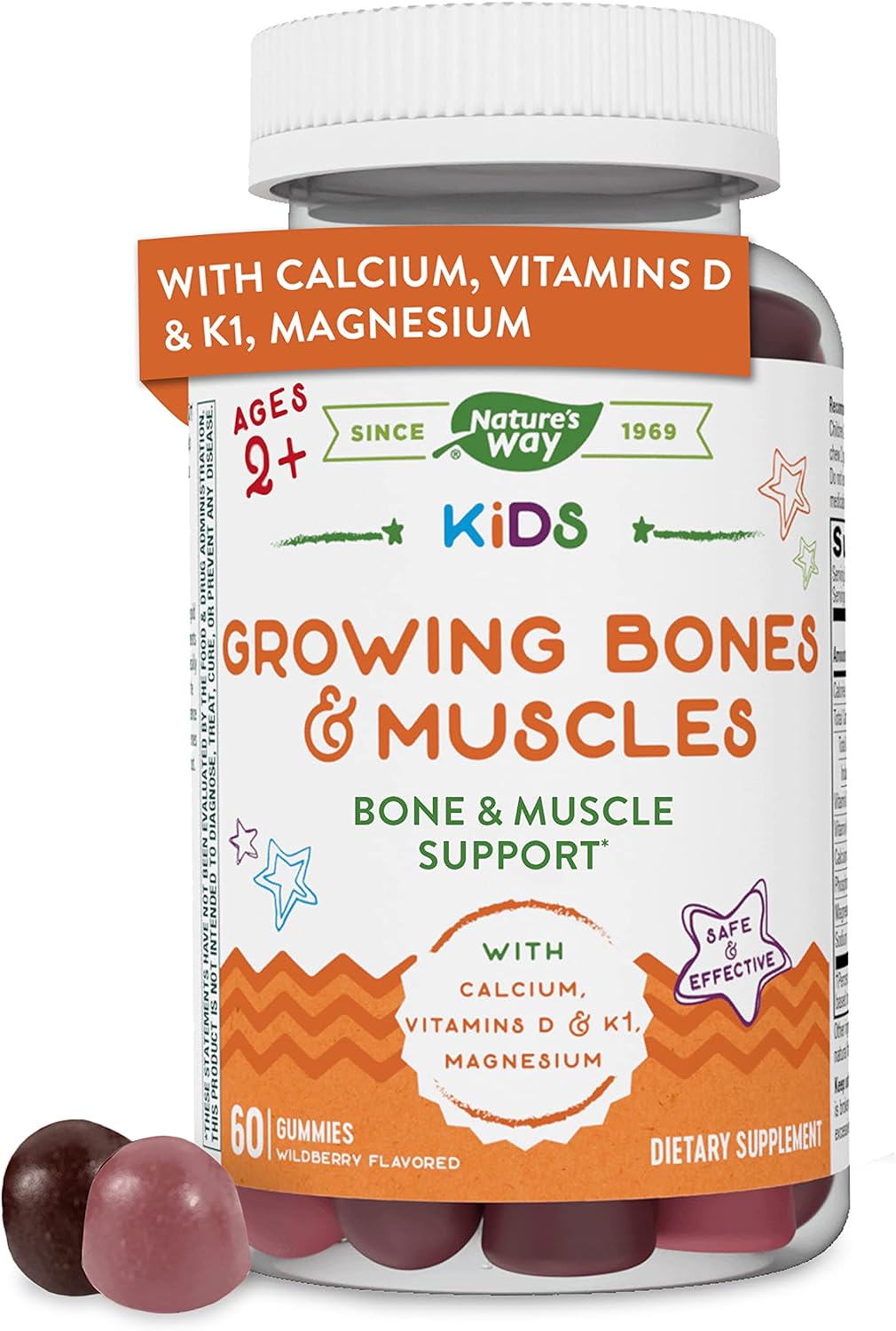 Natures Way Kids Growing Bones  Muscles With Calcium  Vitamin D, Ages 2 And Over, Wildberry Flavored, 60 Gummies