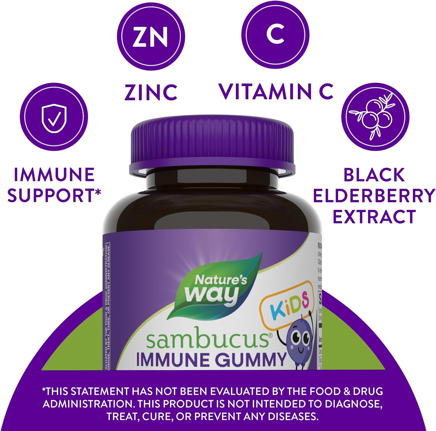 Natures Way Sambucus Elderberry Immune Gummies For Kids, Immune Support Gummies*, With Black Elderberry Extract, Vitamin C And Zinc, 60 Gummies (Packaging May Vary)