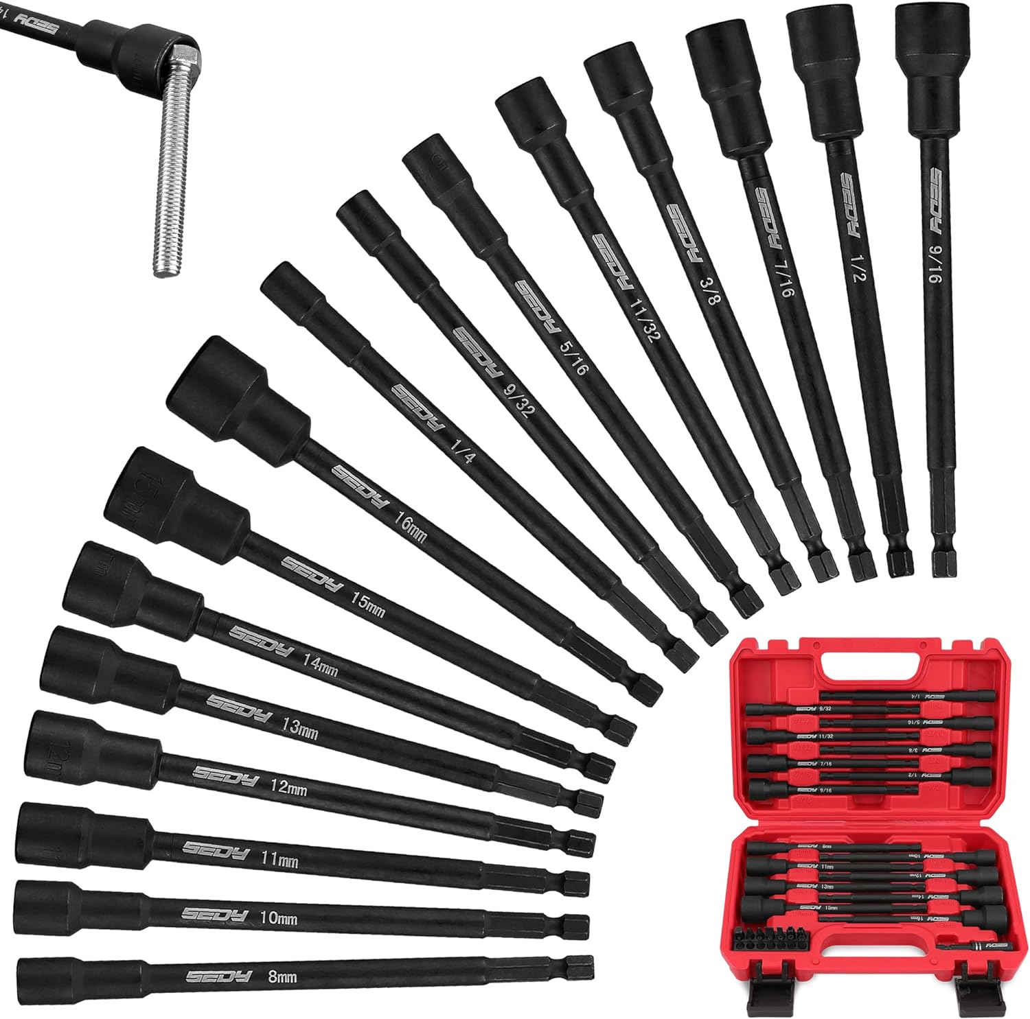 Nut Driver Impact Bit Set - 31-Piece Magnetic Socket Impact Drill Bit Tool Sets Extra Long Hex Nut Setter Driver Holder - Metric Sae Screwdriver Bits 1/4 Drive Shank Adapter Extension