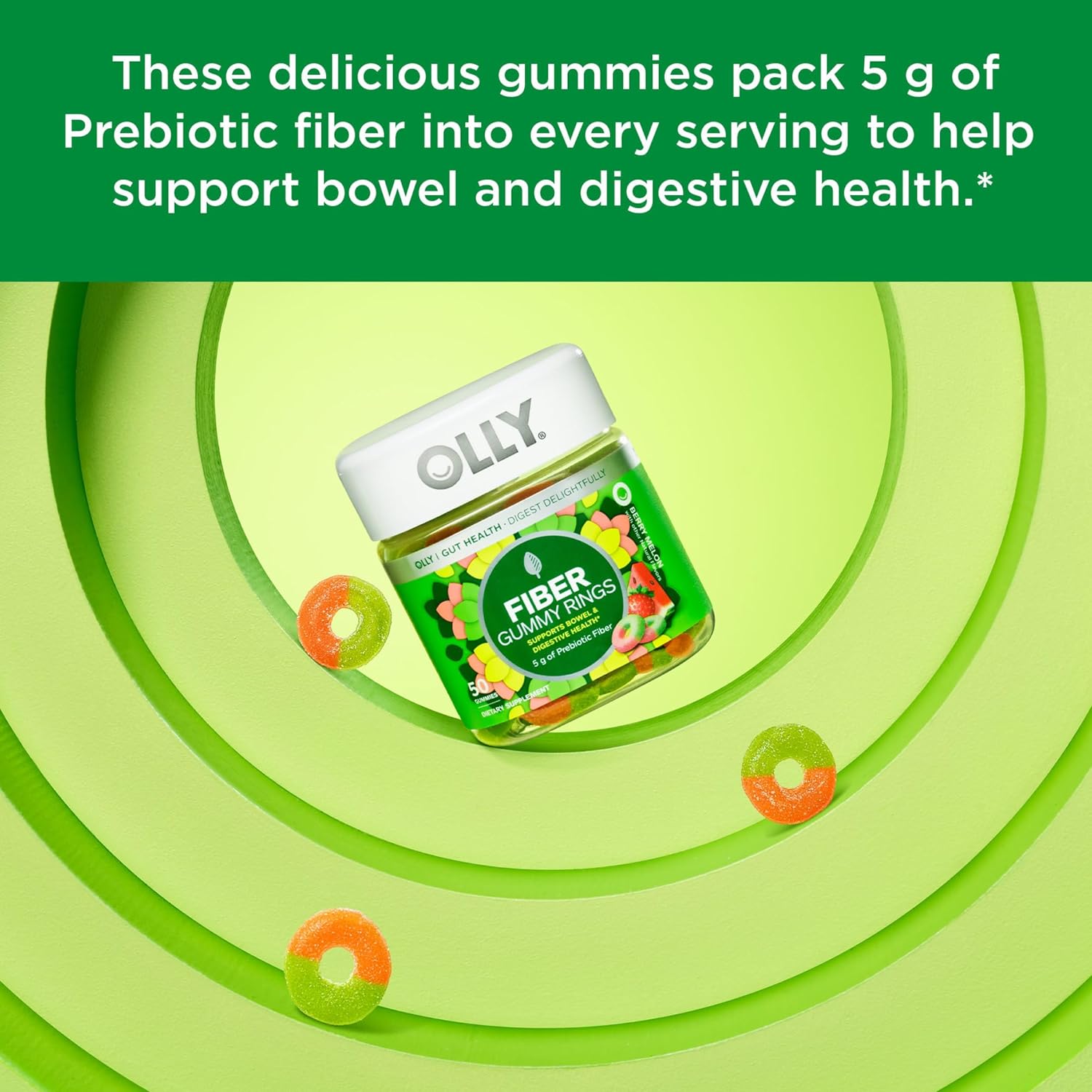 Olly Fiber Gummy Rings, 5G Prebiotic Fiber, Fos (Fructo-Oligosaccharides), Digestive Support  Metabolism Gummy Rings, Apple Cider Vinegar, Vitamin B12, Chromium, Energy And Digestive Health