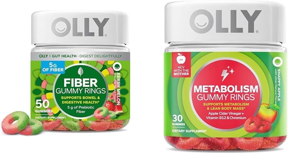 Olly Fiber Gummy Rings, 5G Prebiotic Fiber, Fos (Fructo-Oligosaccharides), Digestive Support  Metabolism Gummy Rings, Apple Cider Vinegar, Vitamin B12, Chromium, Energy And Digestive Health