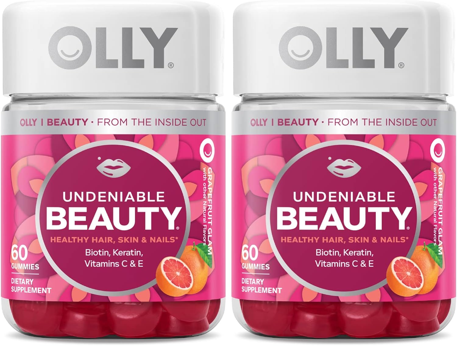 Olly Undeniable Beauty Gummy, For Hair, Skin, Nails, Biotin, Vitamin C, Keratin, Chewable Supplement, Grapefruit, 30 Day Supply - 60 Count