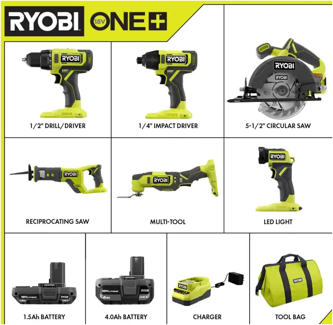 Ryobi One+ Pcl1600K2 18V Cordless 6-Tool Combo Kit With 1.5 Ah Battery, 4.0 Ah Battery, And Charger
