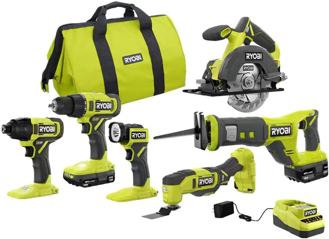 Ryobi One+ Pcl1600K2 18V Cordless 6-Tool Combo Kit With 1.5 Ah Battery, 4.0 Ah Battery, And Charger