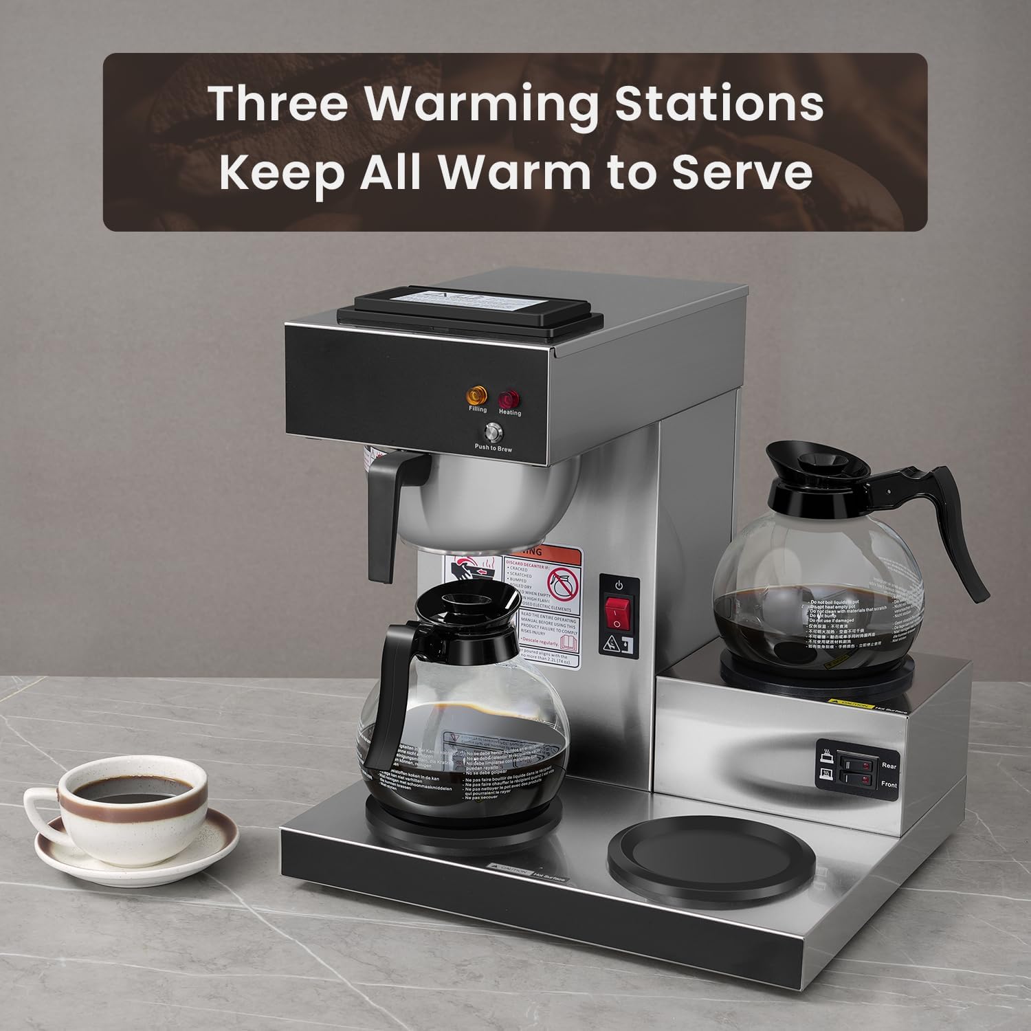 Sybo 12-Cup Commercial Coffee Maker, Pour Over Drip Coffee Maker Brewer With 3 Lower Warmers And 2 Glass Decanters, Stainless Steel Cafetera