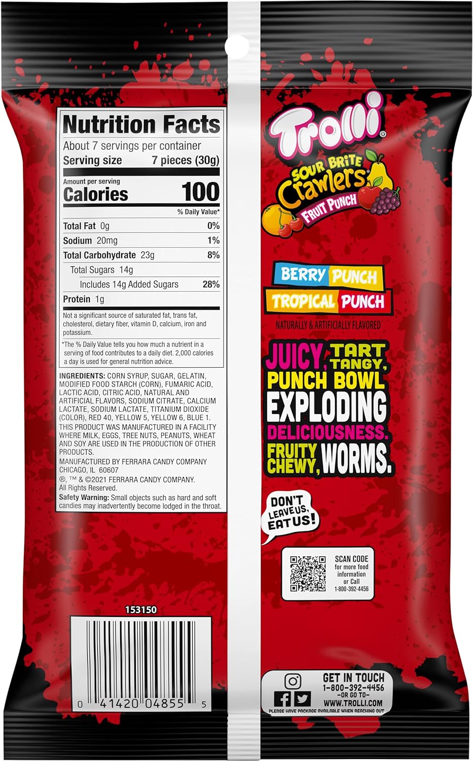 Trolli Sour Brite Crawlers Candy, Fruit Punch Flavored Sour Gummy Worms, 7.2 Ounce