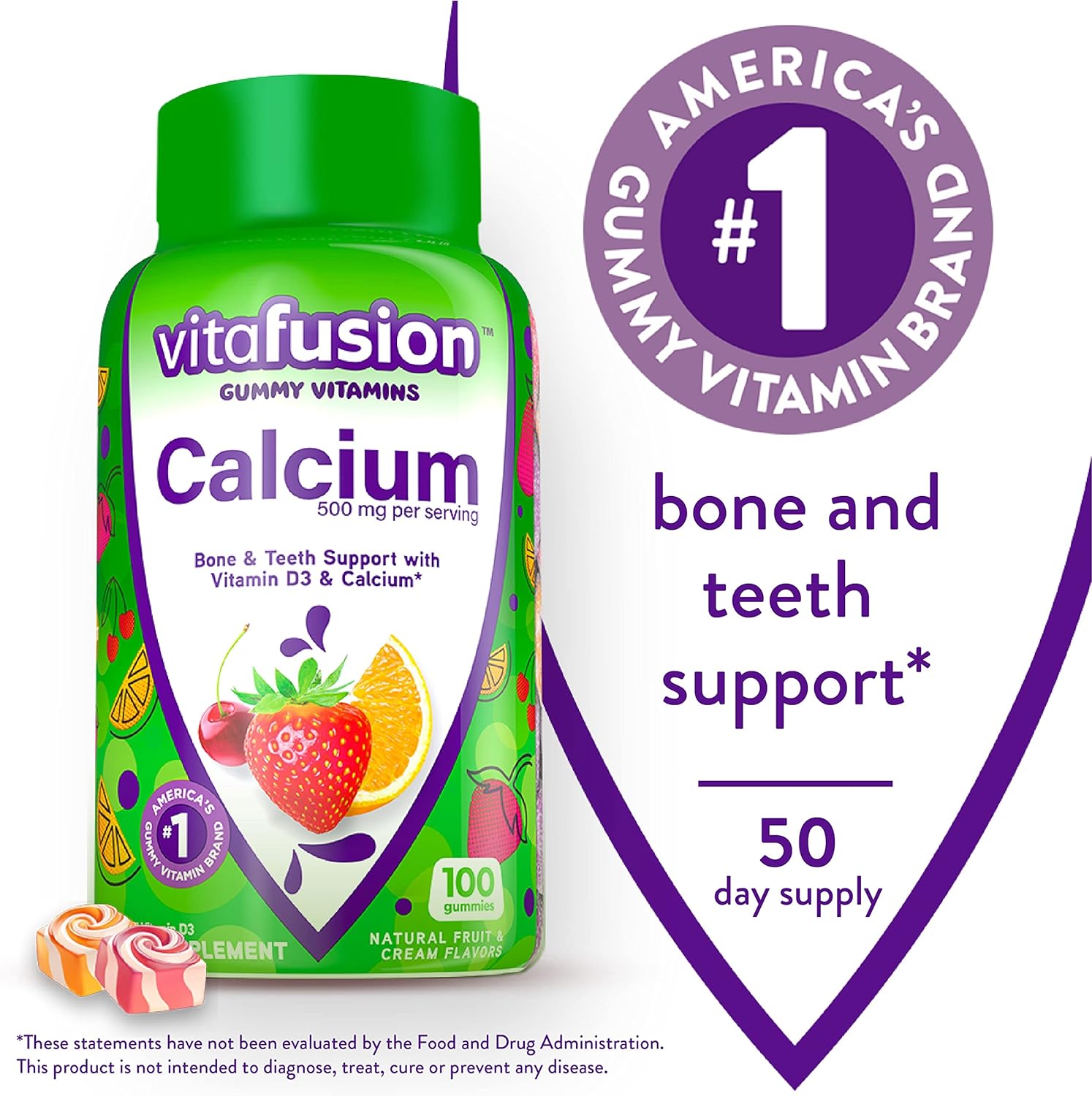 Vitafusion Chewable Calcium Gummy Vitamins For Bone And Teeth Support, Fruit And Cream Flavored, America’s Number 1 Gummy Vitamin Brand, 50 Day Supply, 100 Count  Magnesium Gummy Supplement, 60Ct