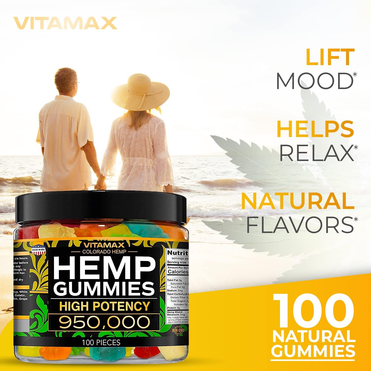 Vitamax Hemp Gummies – High Potency 950,000 – Natural Tasty Fruit Flavors - 100% Made In Usa - 100Ct
