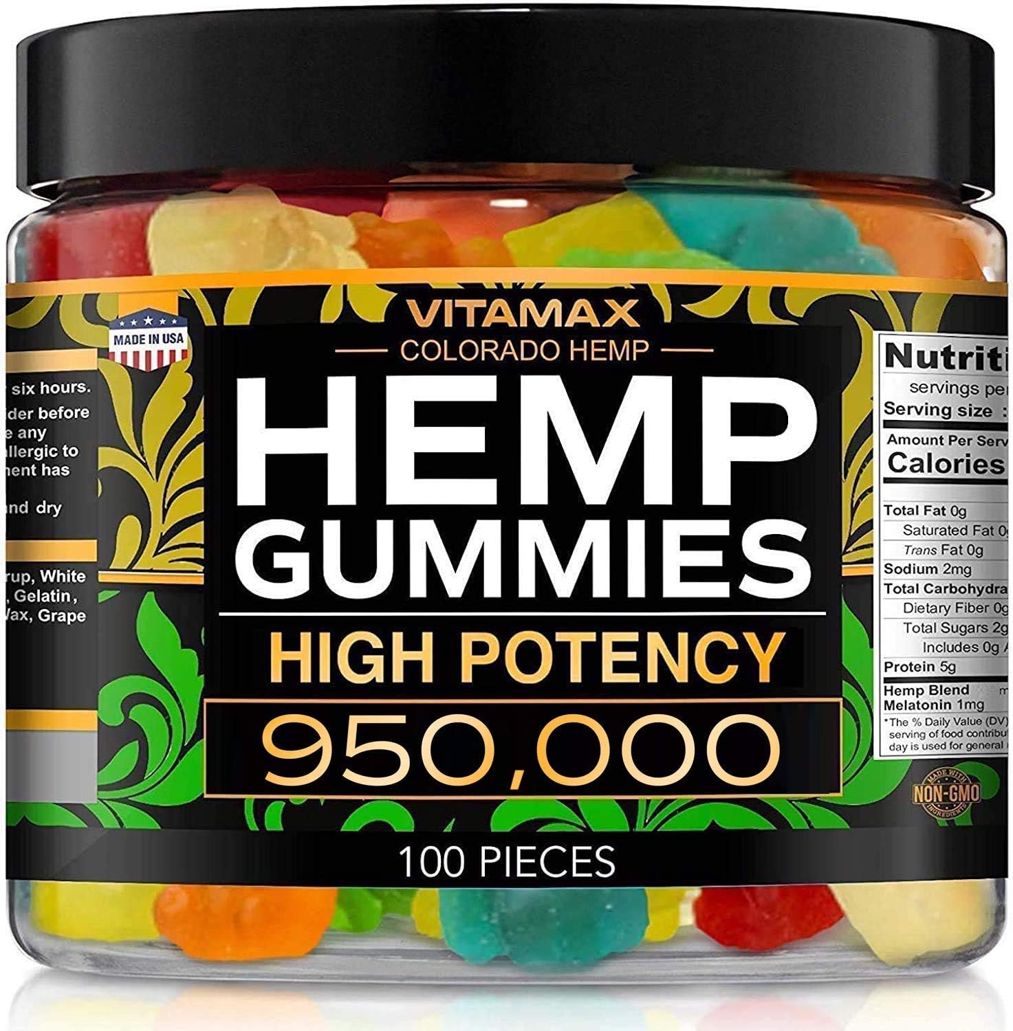 Vitamax Hemp Gummies – High Potency 950,000 – Natural Tasty Fruit Flavors - 100% Made In Usa - 100Ct