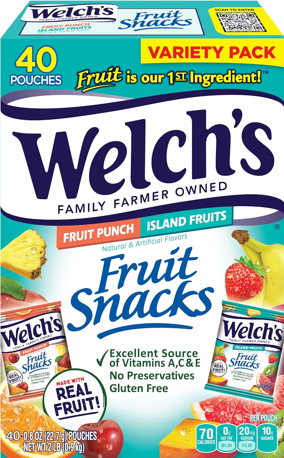 Welchs Fruit Snacks, Fruit Punch  Island Fruits Variety Pack, Great Valentines Day Gifts For Kids, Gluten Free, Bulk Pack, 0.8 Oz Individual Single Serve Bags (Pack Of 40)