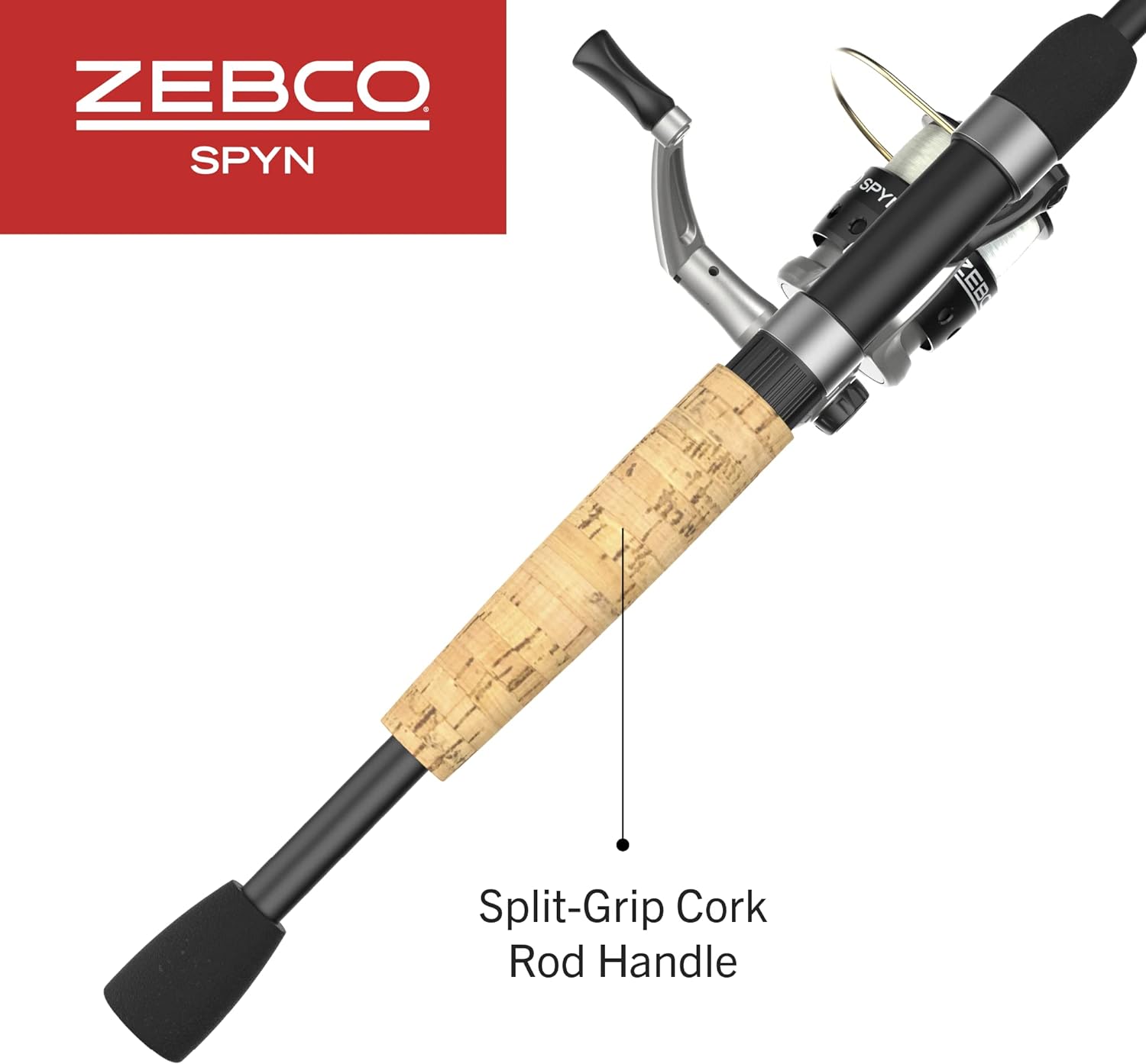 Zebco Spyn Spinning Reel And 2-Piece Fishing Rod Combo, Durable Fiberglass Rod, Split-Grip Cork Rod Handle, Instant Anti-Reverse Fishing Reel